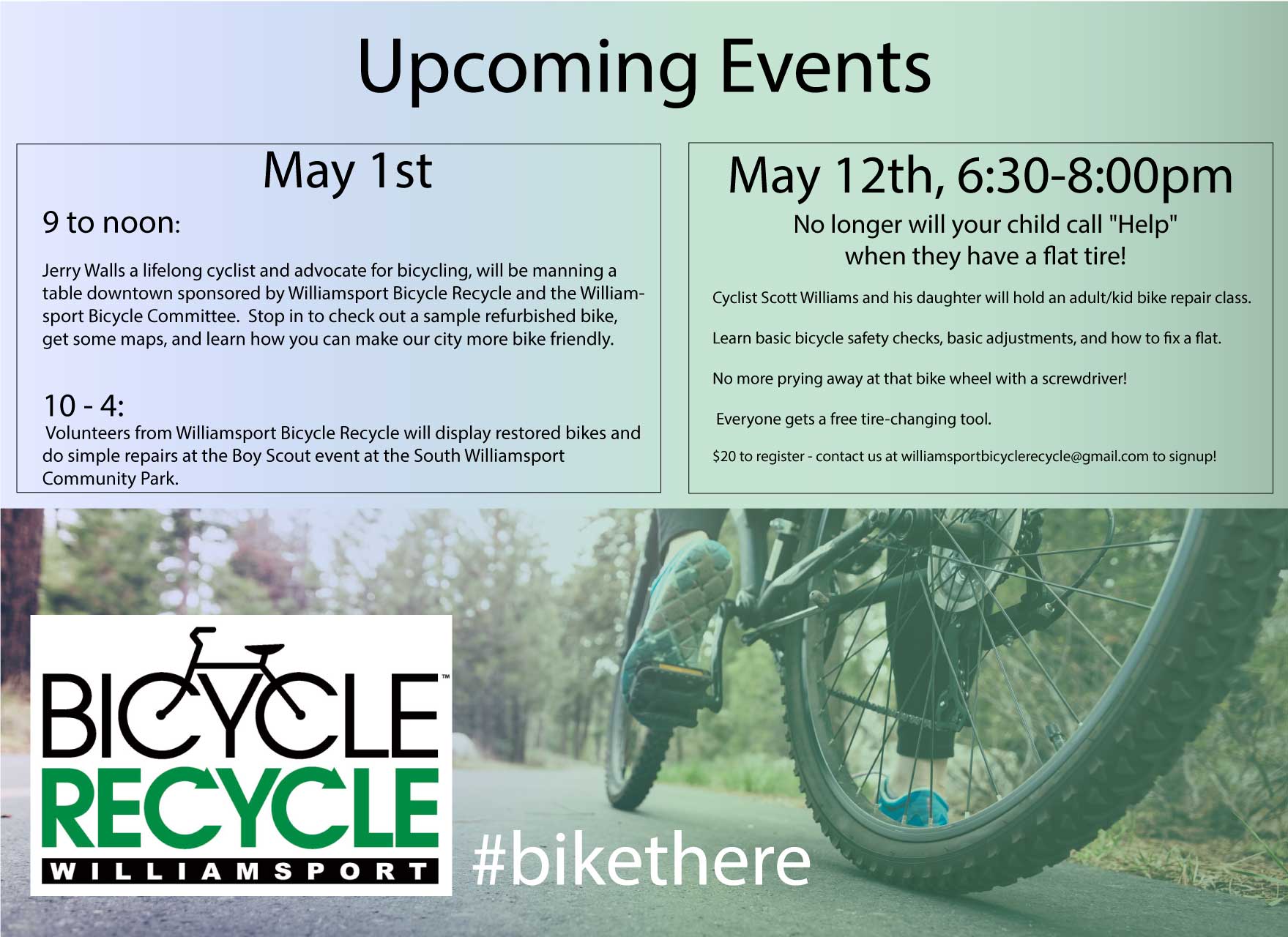Upcoming Events! Williamsport Bicycle Recycle Bike Shop Near Me Williamsport PA 17701 17702 17703 17705 Refurbished bikes affordable bikes kids bikes adult bikes road bikes mountain bikes